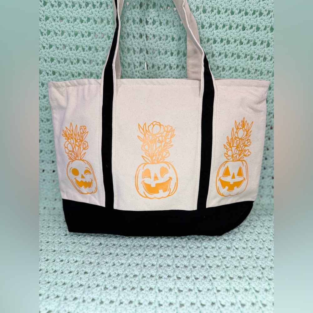 Premium Canvas Tote Bag: Pumpkin Flowers